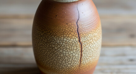 Earthy ceramic vase with intricate crackle glaze texture and a prominent vertical crack on a wooden background.