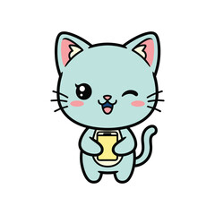 Cute Cartoon Cat Holding a Gold Trophy