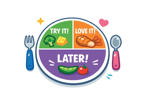 full color flat icon plate split into try love later sections playful picky eating helper