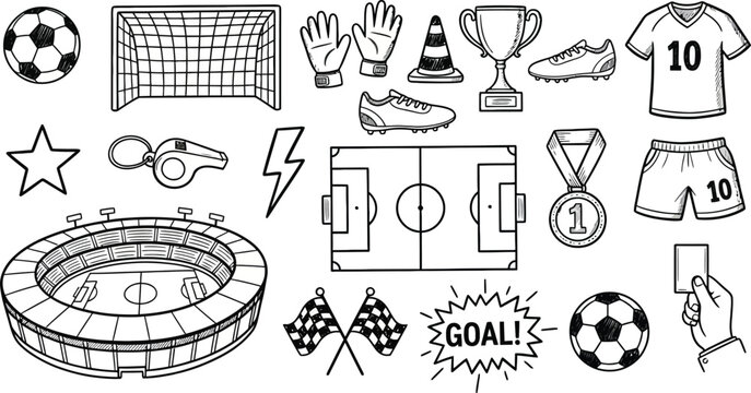 Hand drawn soccer elements collection for sports design projects