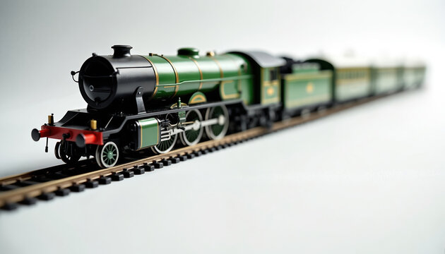 Model train on track. Green steam engine with black boiler and carriages travels on rail. Miniature locomotive toy on white background. Vintage transport replica detail.