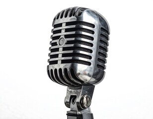 A close-up studio shot of a vintage, chrome-plated microphone, its iconic design gleaming against a clean, white background