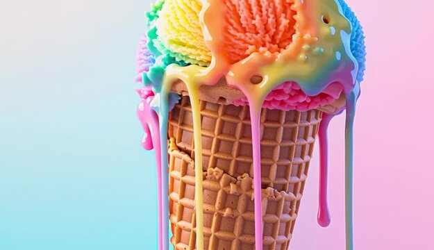 Double scoop rainbow ice cream cone, vibrant pastel colors in gradient stripes of pink orange yellow green blue, melting ice cream dripping down sides, crispy waffle cone