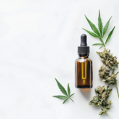 Glass bottle with dropper and cannabis leaves and flowers isolated on white background.