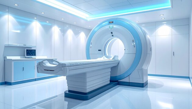 A modern MRI room with blue accent lighting, centered scanner and patient table&mdash;evoking clinical clarity, diagnostic rhythm, and sterile precision in a tech-driven medical composition.