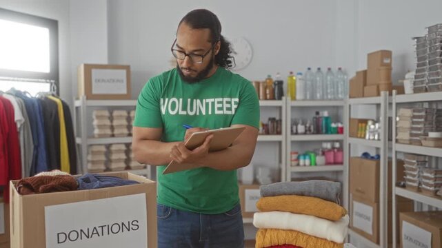 Man in green volunteer shirt writing on clipboard and holding pen inside donation center building, folded clothes and boxes nearby; community service compassion.