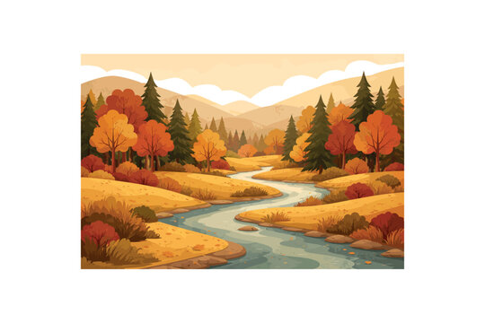 wide flat vector autumn landscape illustration layered cutout paper shapes winding creek through golden meadow mixed conifers and maples muted warm palette clean 2D crisp edges minimal