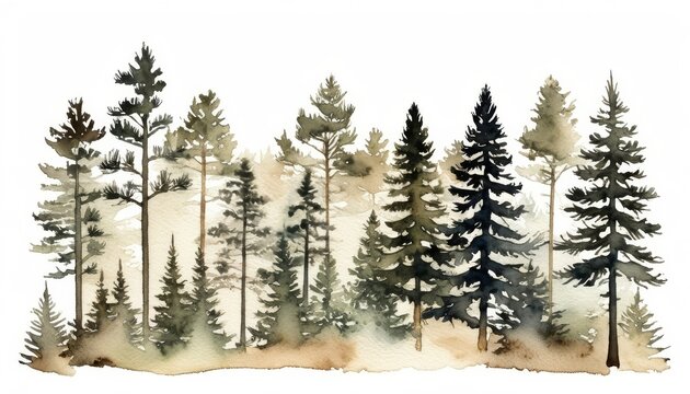 Watercolor pine forest silhouettes in soft muted tones