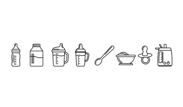 Modern thin-line baby bottle and infant feeding equipment vector icon set