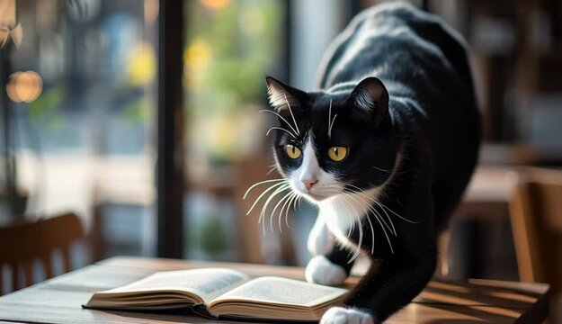 Black and white tuxedo cat sitting on wooden table in bright cafe interior, cat looking directly at camera with yellow-green eyes, white chest and paws, long white whiskers, open book on table in fr