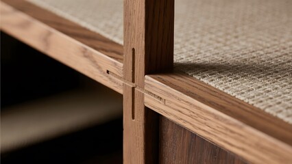 Detail of a wooden shelf with a Japanese woodworking joint, showcasing natural materials and craftsmanship