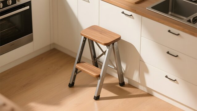 A compact, wooden-topped step stool sits neatly on a light wood floor in a modern kitchen, ready to assist with reaching high shelves
