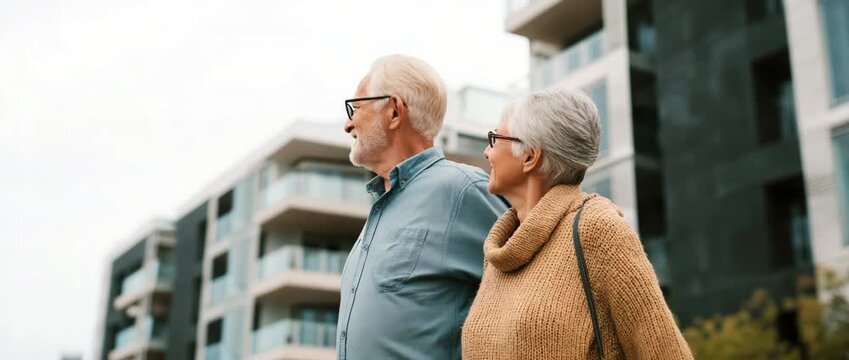 Senior couple walking together outdoors, active aging and companionship, happiness in retirement.