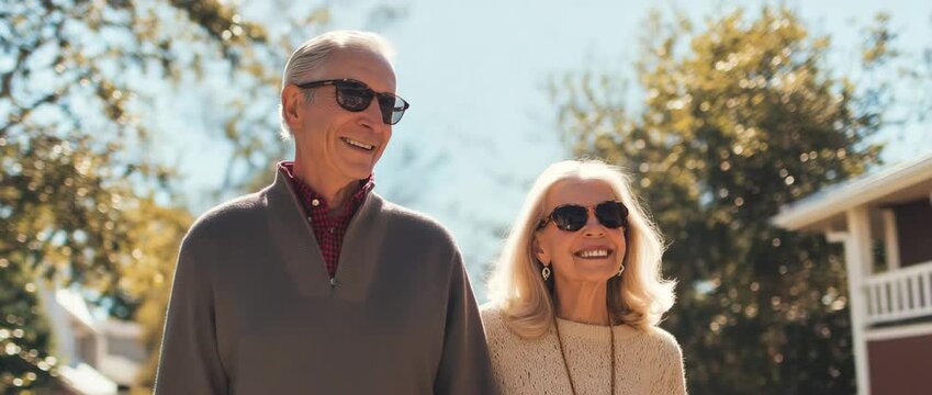 Senior couple walking together outdoors, active aging and companionship, happiness in retirement.