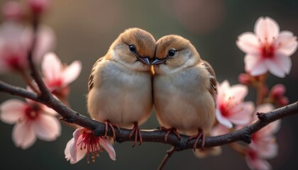 Two sparrows perch closely on a blooming tree branch. Soft pink flowers frame the tiny birds as they share a tender moment. Represents spring renewal, nature beauty, and companionship.