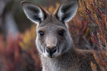 Fototapeta premium Serene kangaroo portrait with soft fur and large ears surrounded by native Australian vegetation in warm autumn colors, capturing calm and peaceful wildlife moment