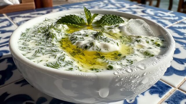 Chilled cucumber yogurt soup with dill in white bowl on mosaic table. Bright sunny light, refreshing atmosphere