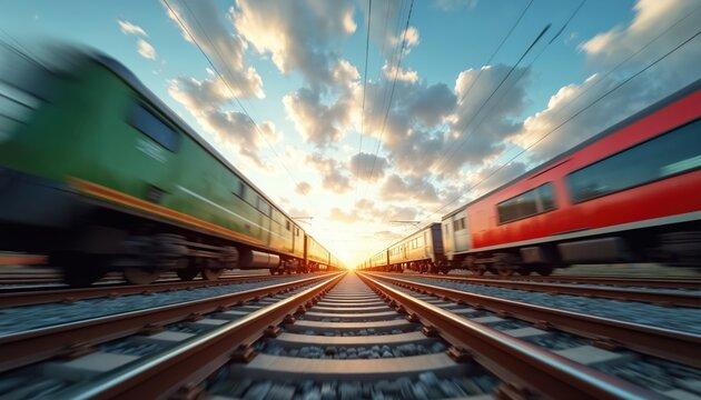 Two trains speed along parallel tracks towards a golden sunset. The motion blur effect creates a sense of fast travel and journey. Clouds drift in the vast sky above the railway.