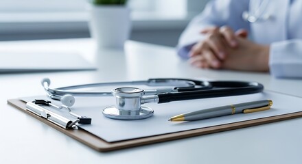 Fototapeta premium Doctor's desk with stethoscope, pen, and clipboard ready for patient consultation