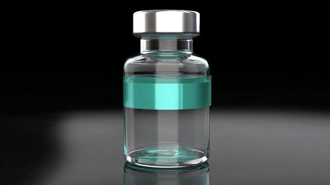 A clear bottle with a green stripe on it. The bottle is filled with a liquid. The bottle is on a dark surface