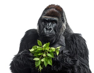 A close-up studio shot presents a large, silverback ape holding green leaves, gazing directly at the viewer with an intense expression