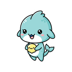 Fototapeta premium Cute Cartoon Dolphin Holding Fish
