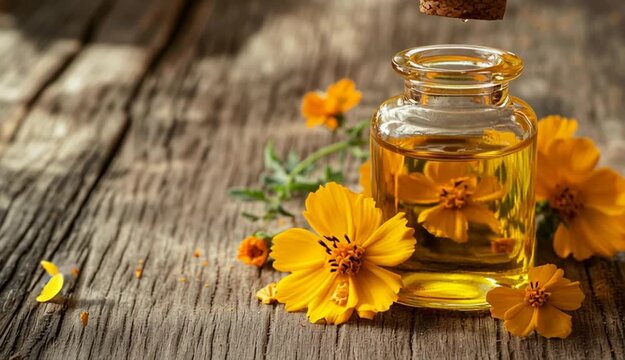 Glass bottle with cork stopper filled with golden yellow oil on rustic wooden table, fresh yellow Arnika flowers with orange centers beside the bottle, scattered flower petals on weathered wood surf