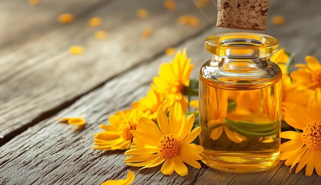 Glass bottle with cork stopper filled with golden yellow oil on rustic wooden table, fresh yellow Arnika flowers with orange centers beside the bottle, scattered flower petals on weathered wood surf