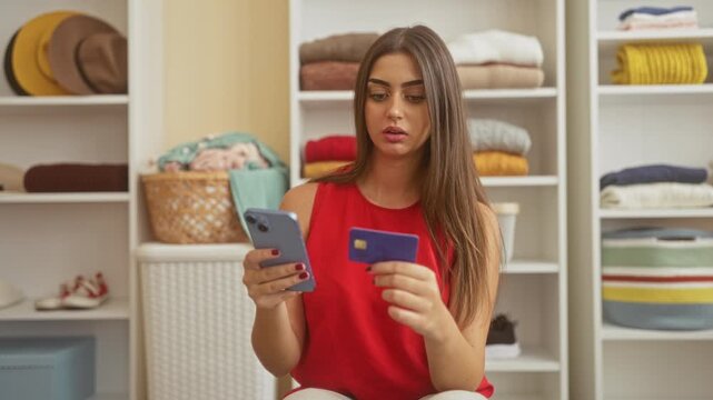 Young hispanic woman holding smartphone and credit card in dressing room rolls eyes and glances aside; payment frustration.
