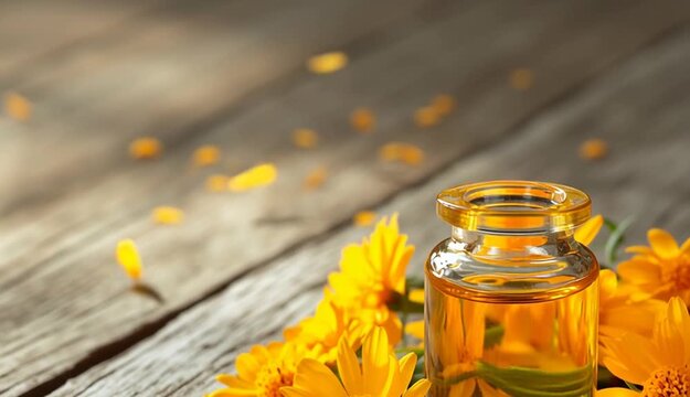Glass bottle with cork stopper filled with golden yellow oil on rustic wooden table, fresh yellow Arnika flowers with orange centers beside the bottle, scattered flower petals on weathered wood surf