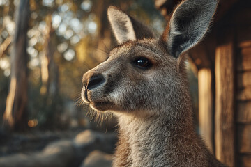 Fototapeta premium Kangaroo close up portrait with soft natural light and blurred forest background, showing detailed fur texture and calm expression in warm tones