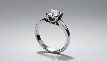 A close-up studio shot presents a polished silver ring featuring a sparkling, brilliant-cut gemstone. Soft lighting creates a subtle shadow