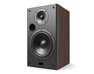 A close-up studio shot presents a rectangular, dark audio loudspeaker with a wood-grain side panel. The speaker has three different sized drivers