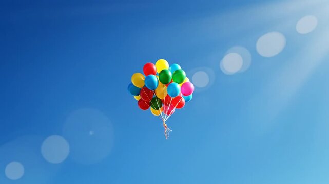 Bunch of vibrant balloons lifts into a clear blue sky, their strings dancing in bright sunlight. Wow
