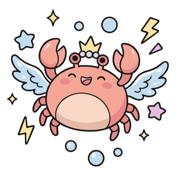 Cute Angel Cancer Crab with Wings and Crown - Kawaii Celestial Zodiac - Vector Astrology Sticker Art