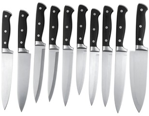 A close-up studio shot presents a set of kitchen knives with sleek, black handles, each possessing a sharp, silver blade