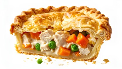 Cross section of chicken pot pie showing meat and vegetables filling on white background