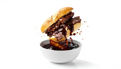 Roast beef french dip sandwich splashing into bowl of gravy jus