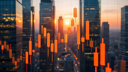 Modern urban cityscape at sunset featuring glass skyscrapers, glowing skyline, and digital financial data charts symbolizing business growth, technology, investment, innovation, and economic progress 