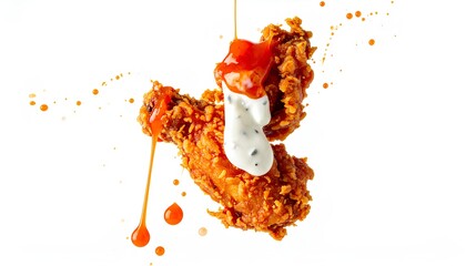 Crispy fried chicken wings floating with dripping white and red spicy sauces