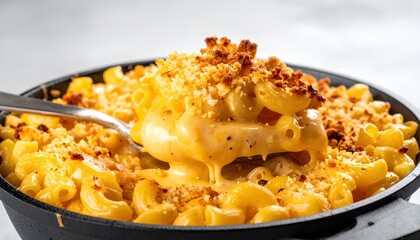 Creamy mac and cheese scoop being lifted with spoon from skillet