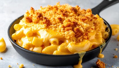 Baked macaroni and cheese in cast iron skillet with breadcrumbs and dripping sauce