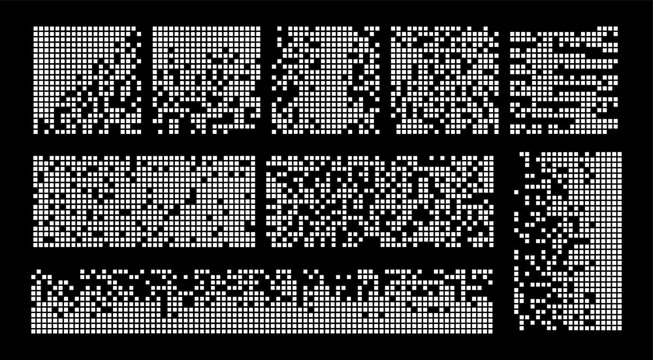 Abstract pixel disintegration shape with fading square dots. Digital decay effect forming mosaic texture for modern tech, art and concept design