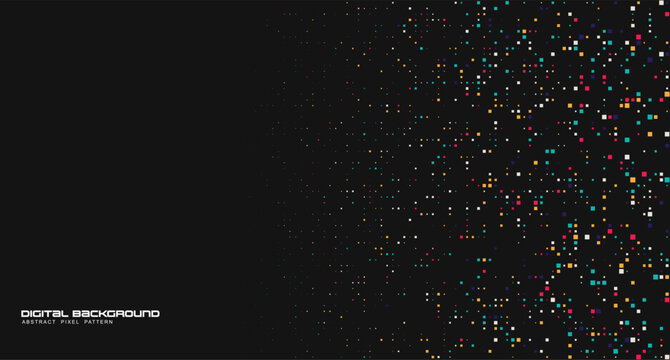Digital data visualization with pixel square patterns and geometric shapes on tech background for modern graphic design and artificial intelligence presentations