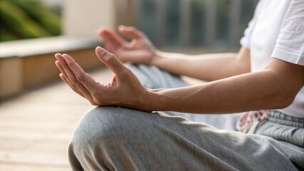 Serene hands in a meditative pose, reflecting a calm and mindful state on a wooden surface.