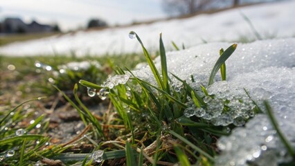 Fresh green grass sprouting through melting snow, adorned with glistening dew droplets, capturing the beauty of nature in transition.