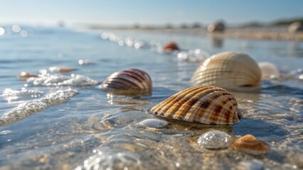 Shells resting in shallow water, with gentle waves and sparkling reflections creating a tranquil beach scene.