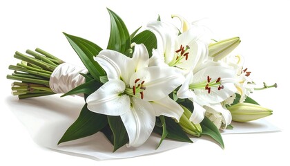A close-up studio shot showcases a bouquet of pristine white flowers, lush green foliage and sturdy stems arranged
