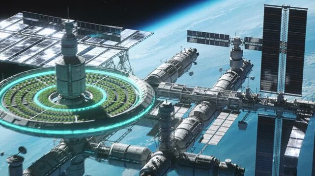 Spaceborne agricultural relay station orbiting a blue planet with glowing hydroponic rings, reflective solar arrays and cosmic light scattering, clean sci‑fi infrastructure, no people, no text.
