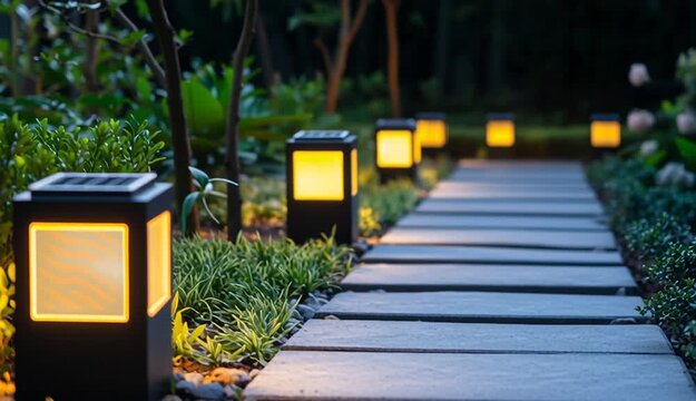 Modern solar-powered garden path lights with warm LED glow lining stone walkway, contemporary cube-shaped outdoor lamps with solar panels on top, 
illuminated pathway through landscaped garden
